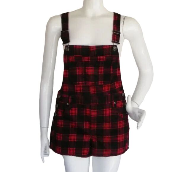 HT DENIM Short-Alls, S, Red/Black Plaid, Bib Front, 3 button hips, Pockets - Picture 1 of 12